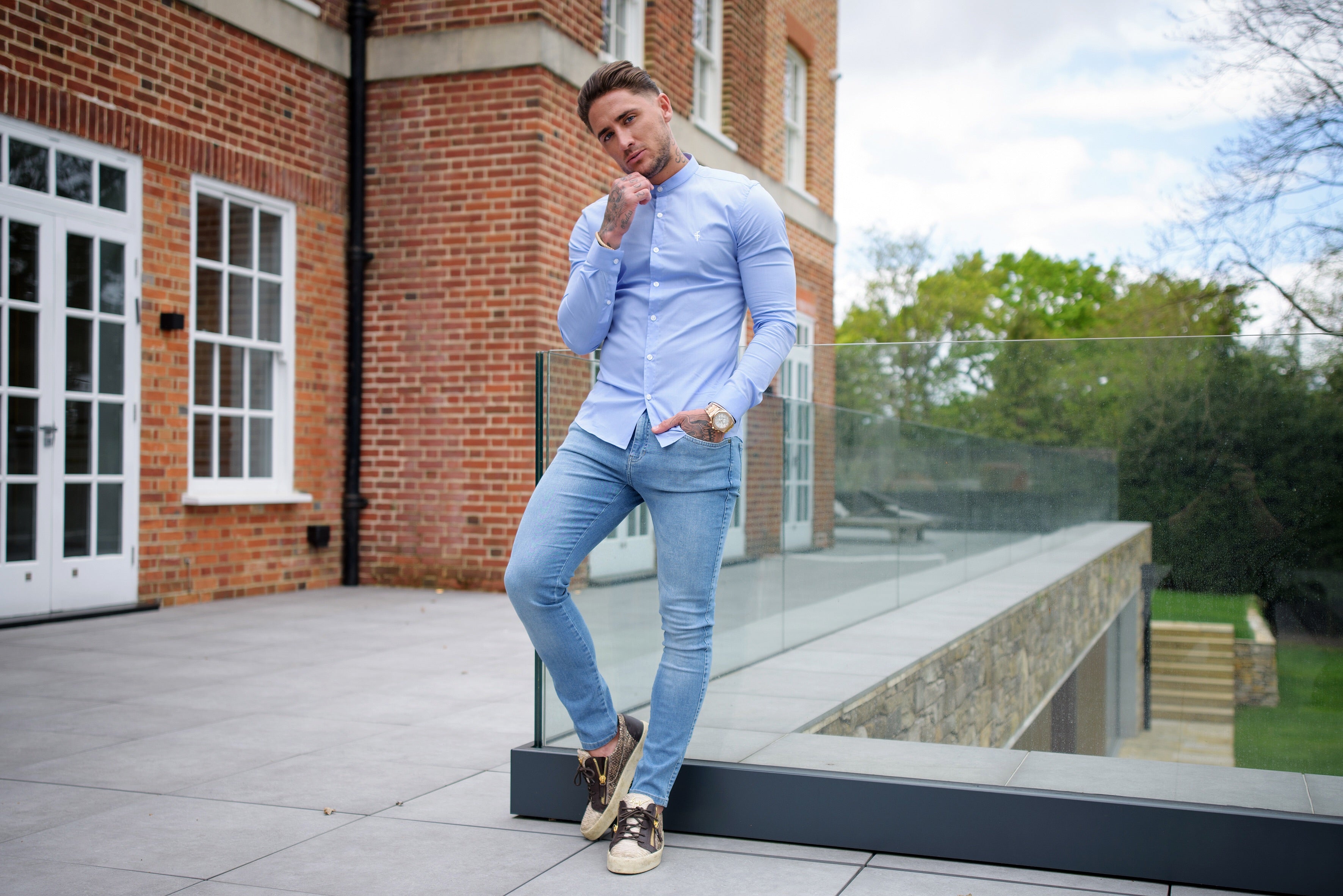 Super Slim Stretch Light Blue Grandad Collar - FS555