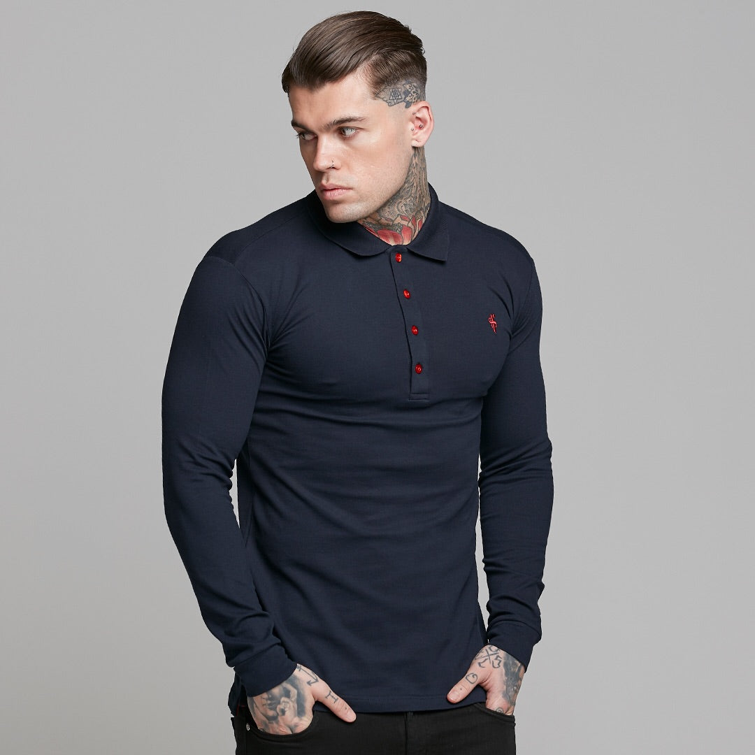 Classic Navy and Red Contrast Polo Shirt Long Sleeve - FSH326