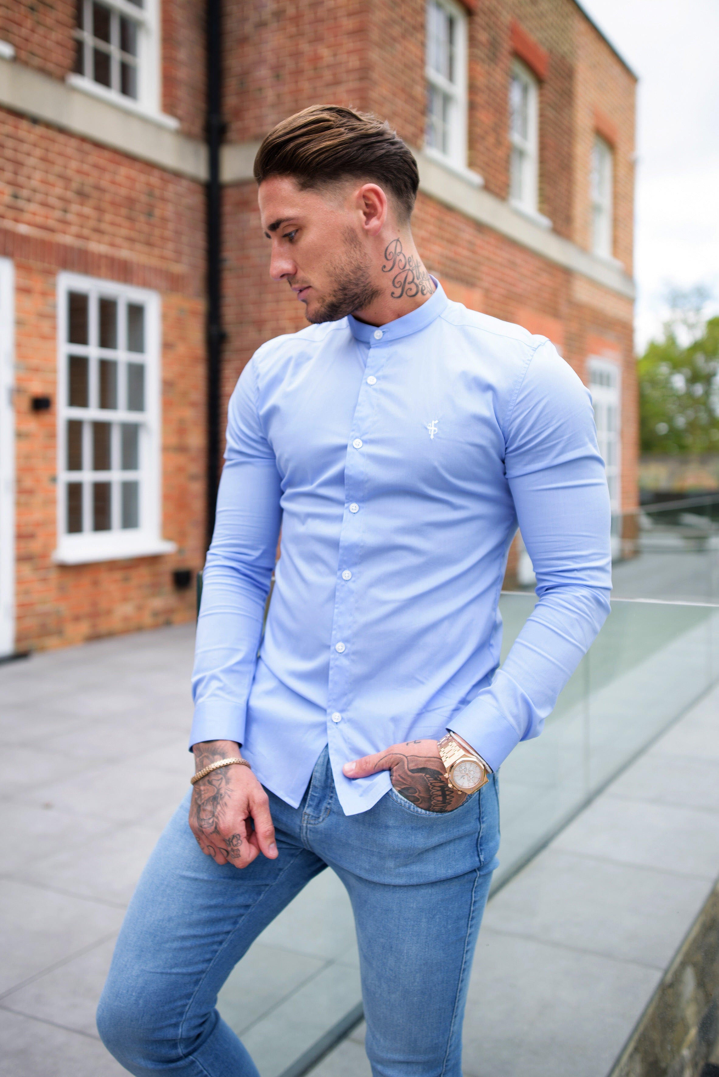 Super Slim Stretch Light Blue Grandad Collar - FS555