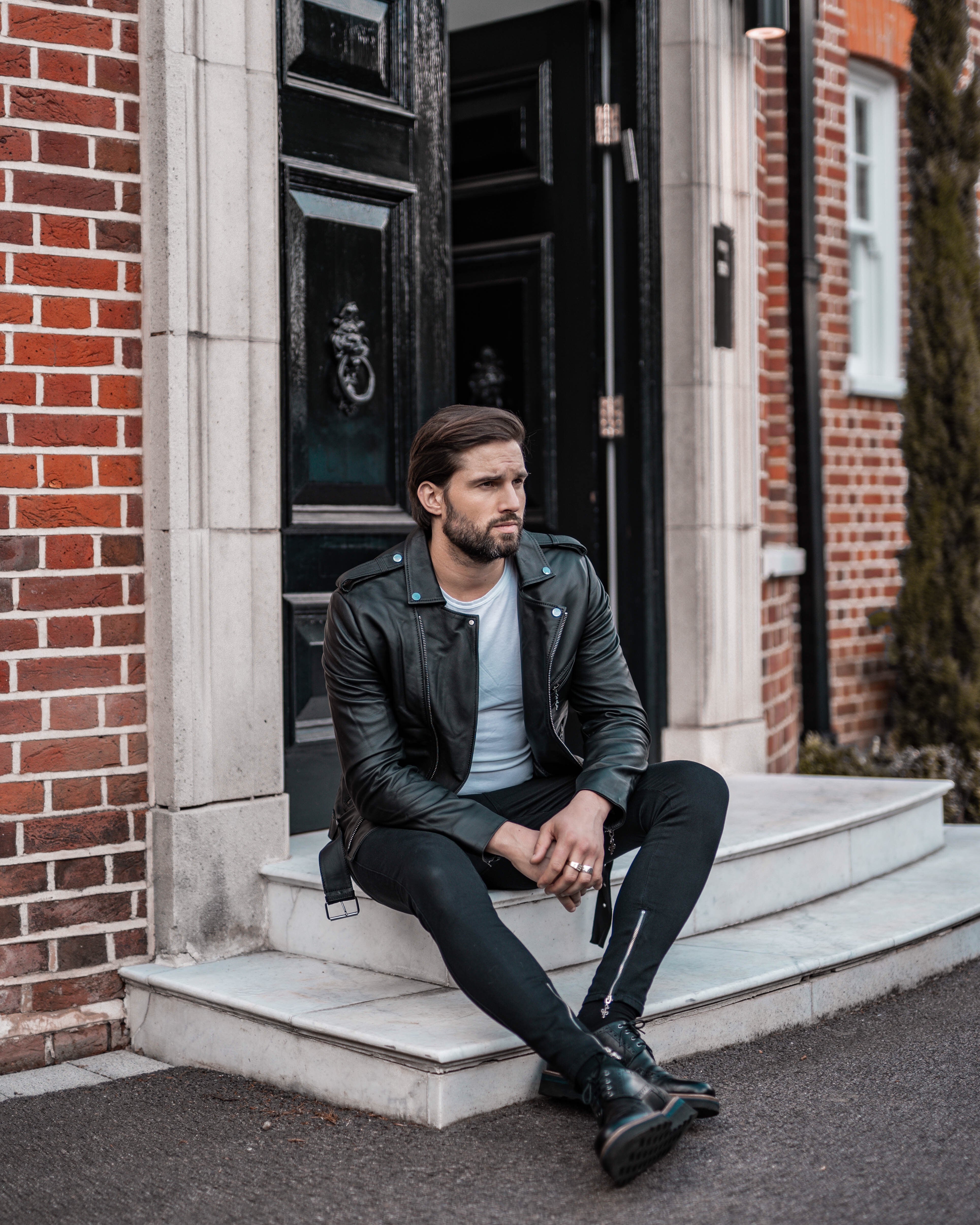 Black Leather Jacket with Belt Detail - FSH313