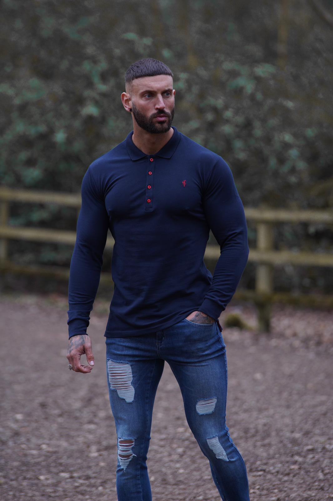 Classic Navy and Red Contrast Polo Shirt Long Sleeve - FSH326