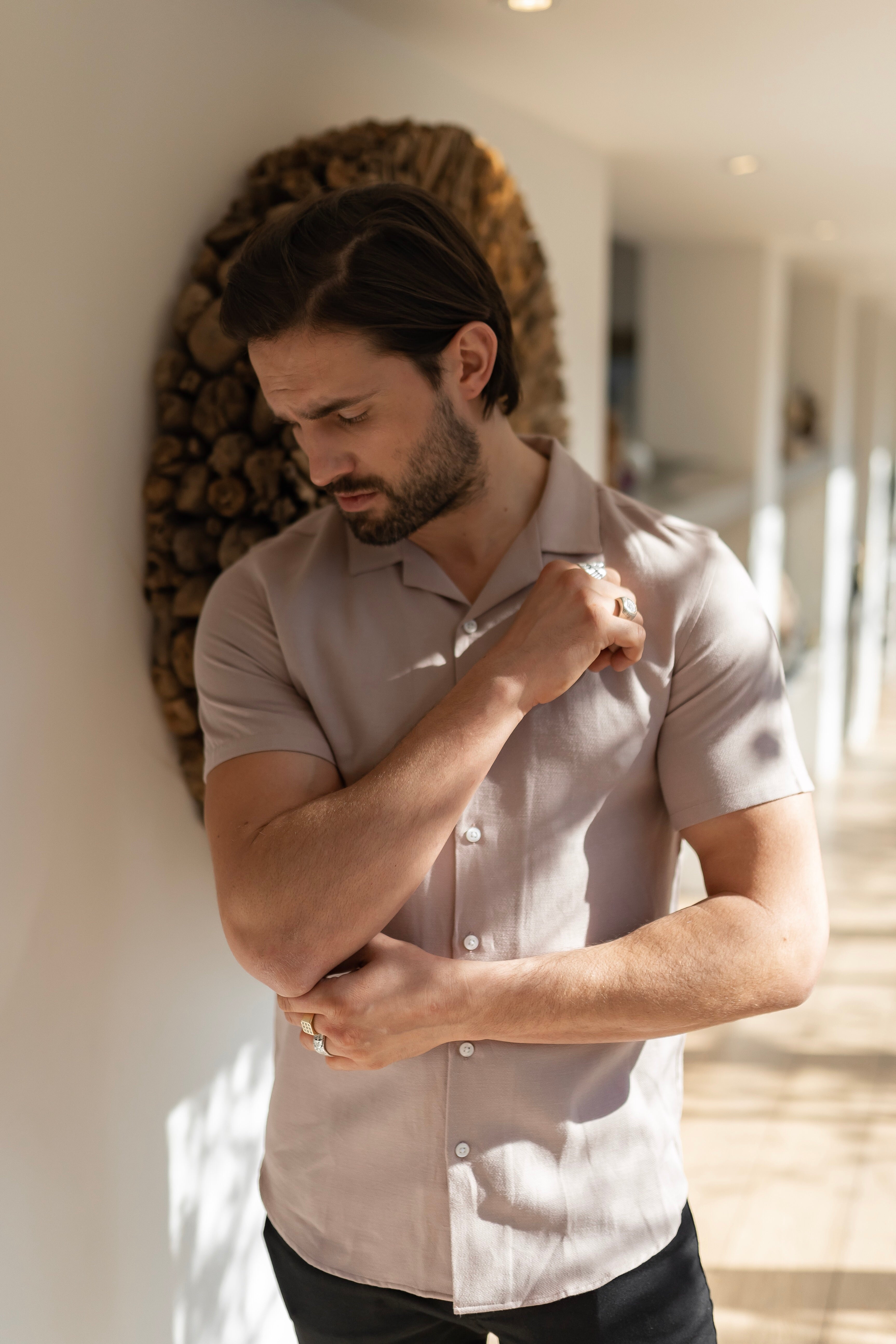 Classic Nude Linen effect Short Sleeve Revere Shirt - FS445