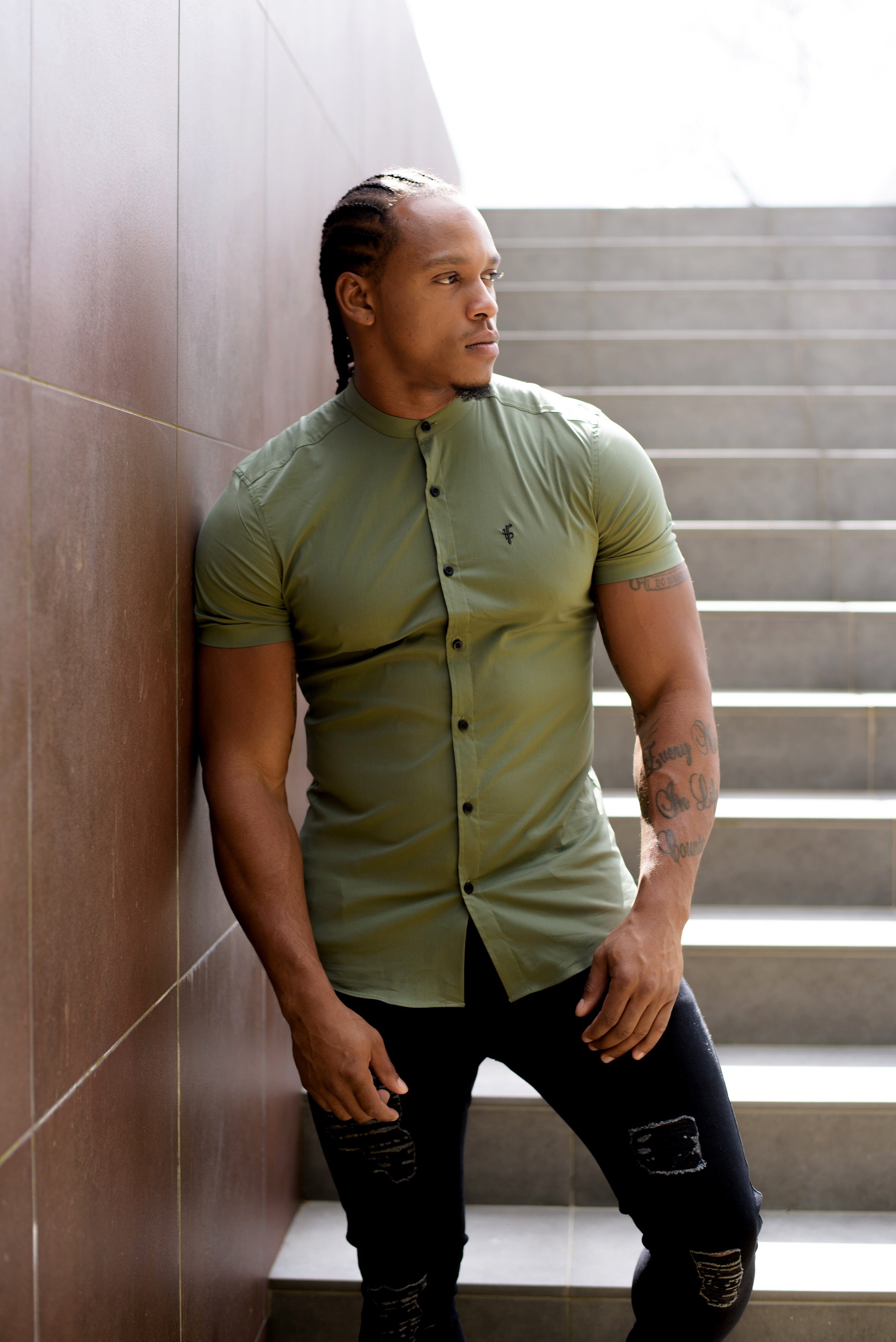 Super Slim Stretch Classic Khaki Grandad Collar Short Sleeve - FS291