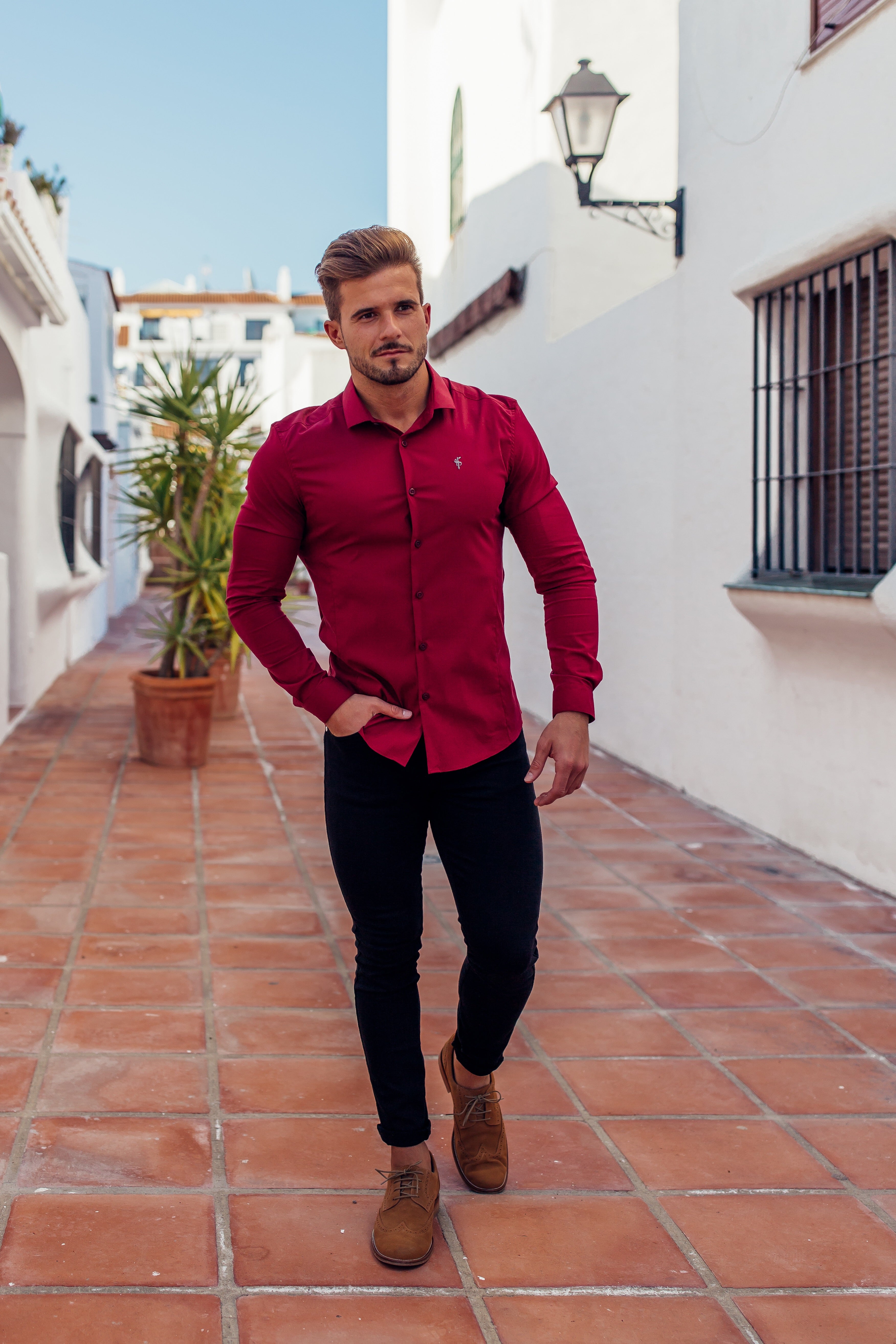 Super Slim Stretch Classic Oxblood Panel Shirt (Grey embroidery) - FS318