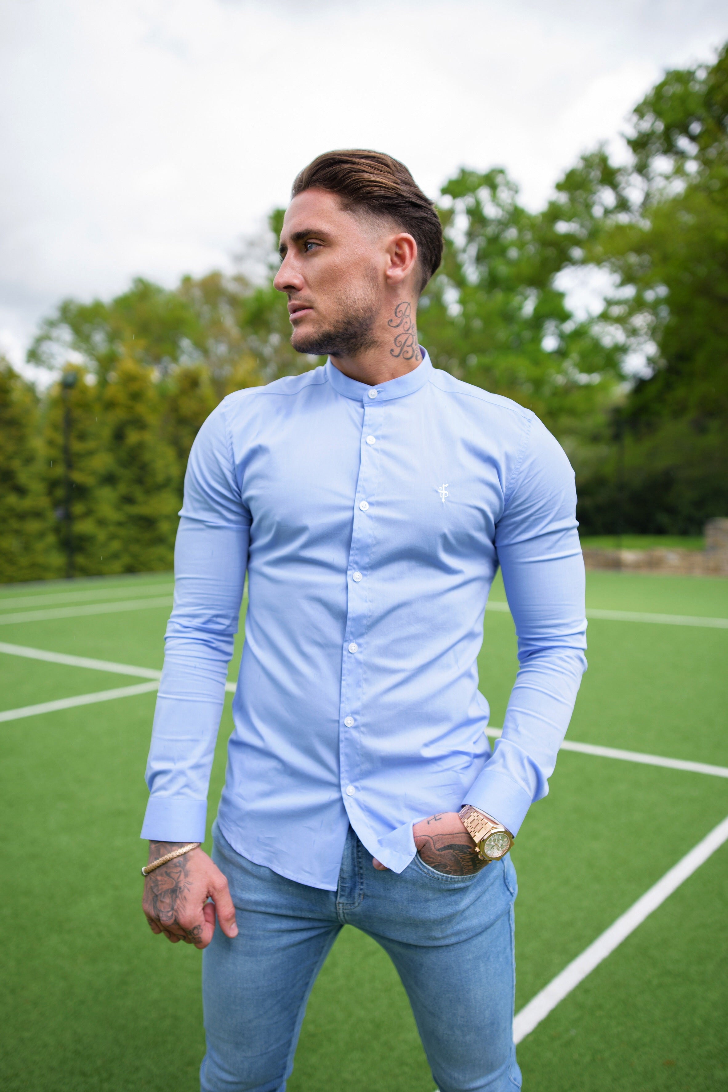 Super Slim Stretch Light Blue Grandad Collar - FS555