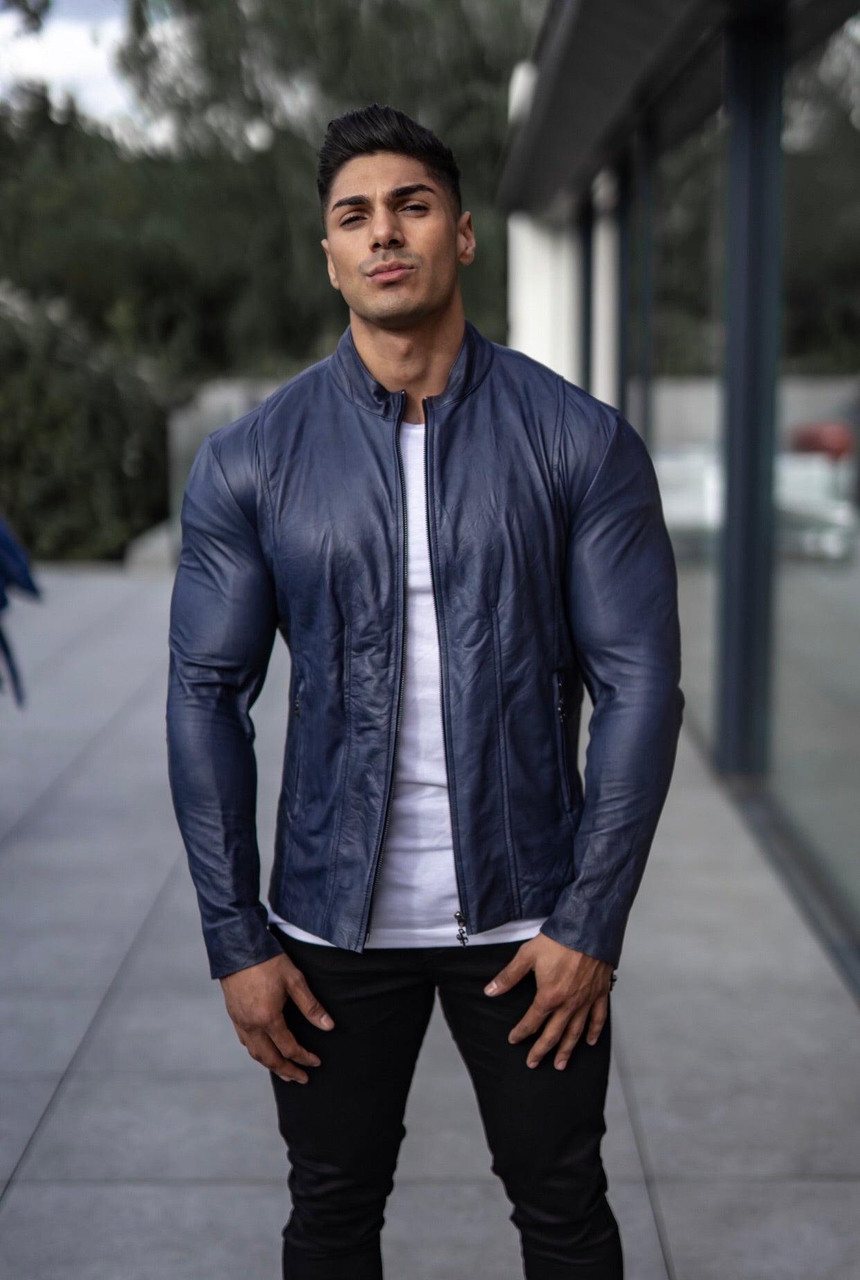 Navy Lambs Leather Jacket - FSH217