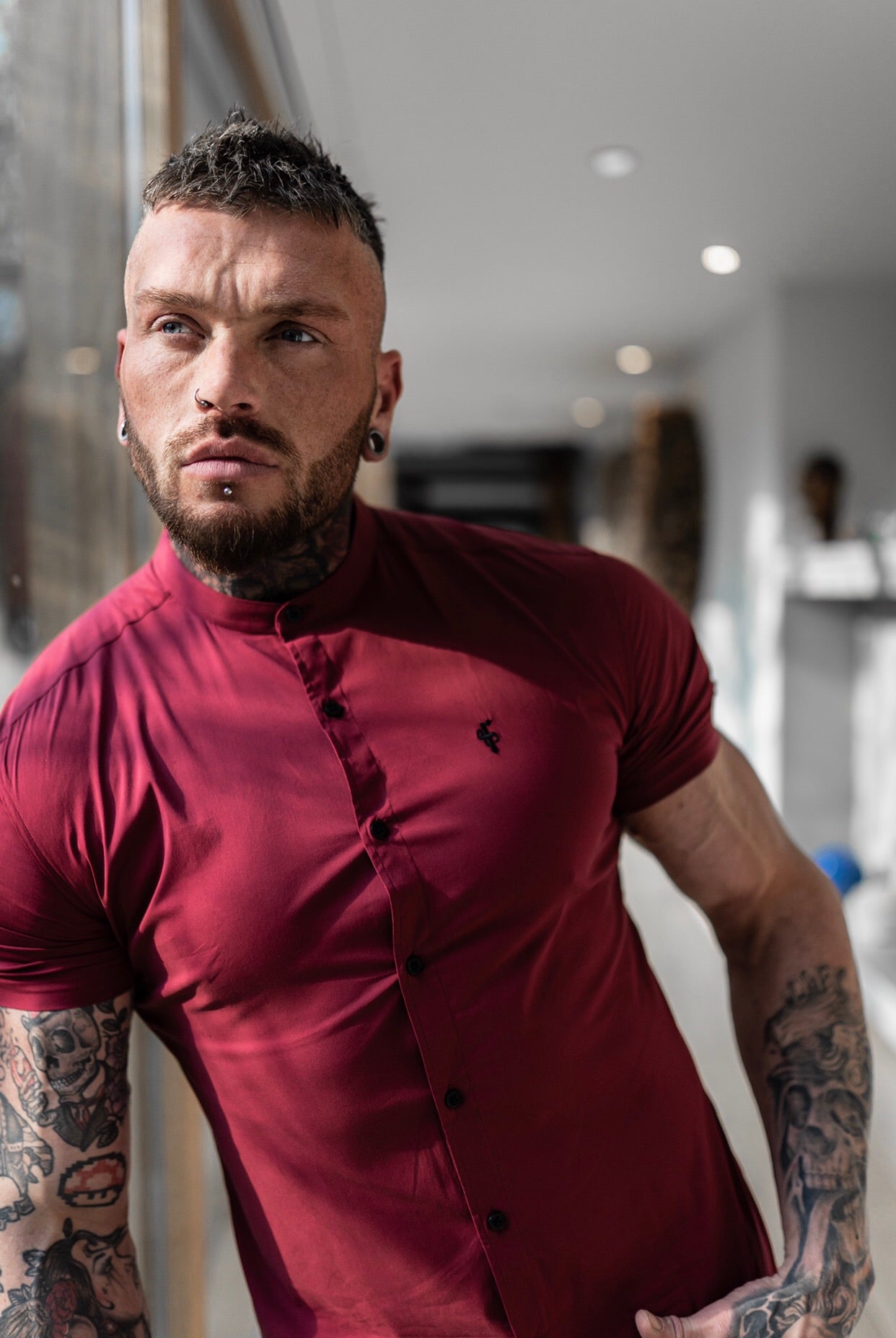 Super Slim Stretch Classic Oxblood Grandad Collar Short Sleeve - FS292