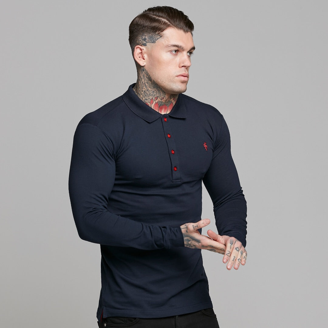 Classic Navy and Red Contrast Polo Shirt Long Sleeve - FSH326