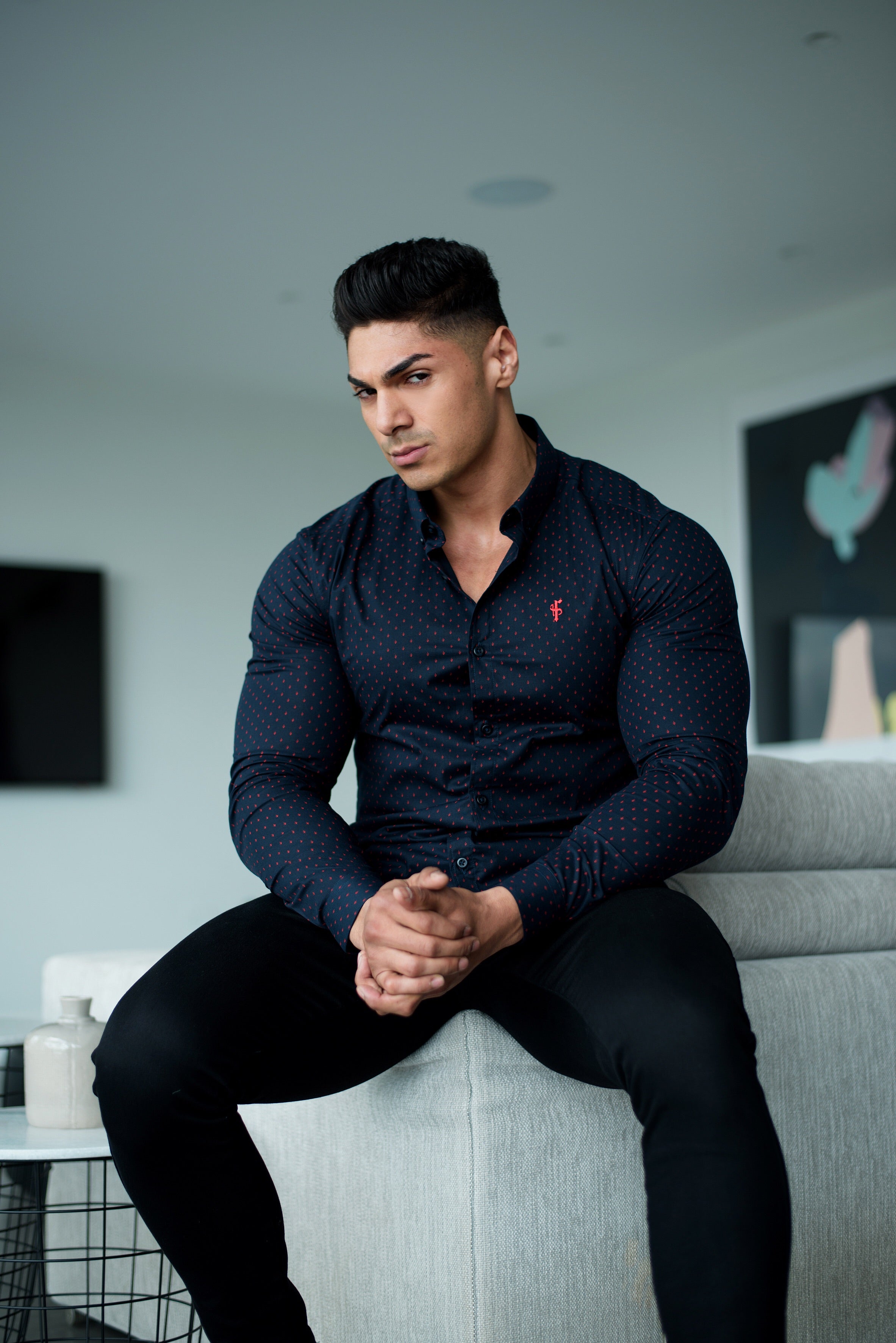 Super Slim Stretch Navy & Red Ditsy Print Long Sleeve (Red Embroidery) - FS092R