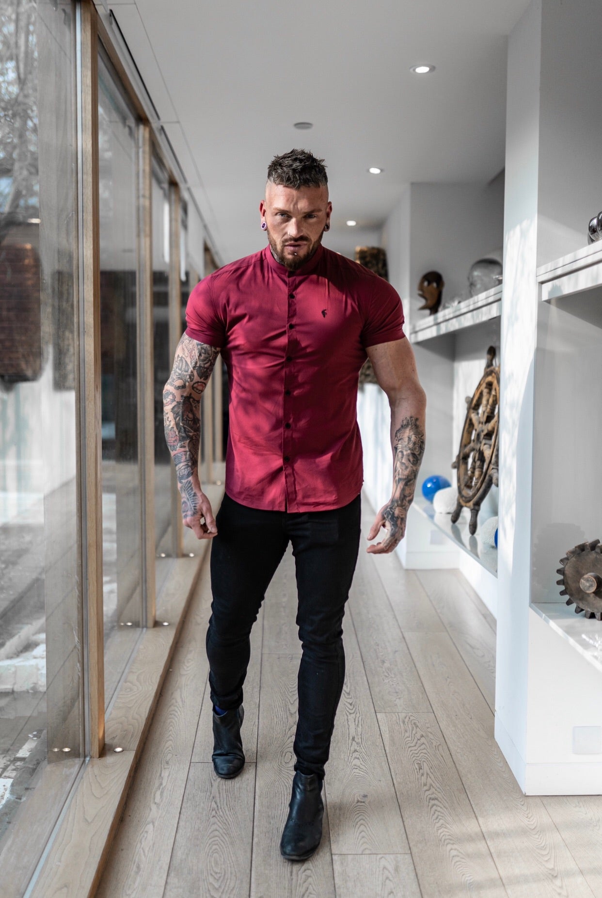 Super Slim Stretch Classic Oxblood Grandad Collar Short Sleeve - FS292