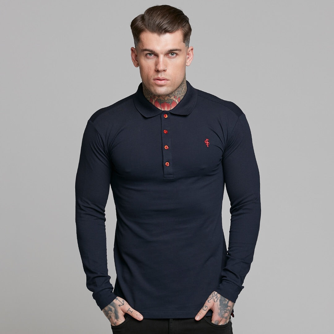 Classic Navy and Red Contrast Polo Shirt Long Sleeve - FSH326