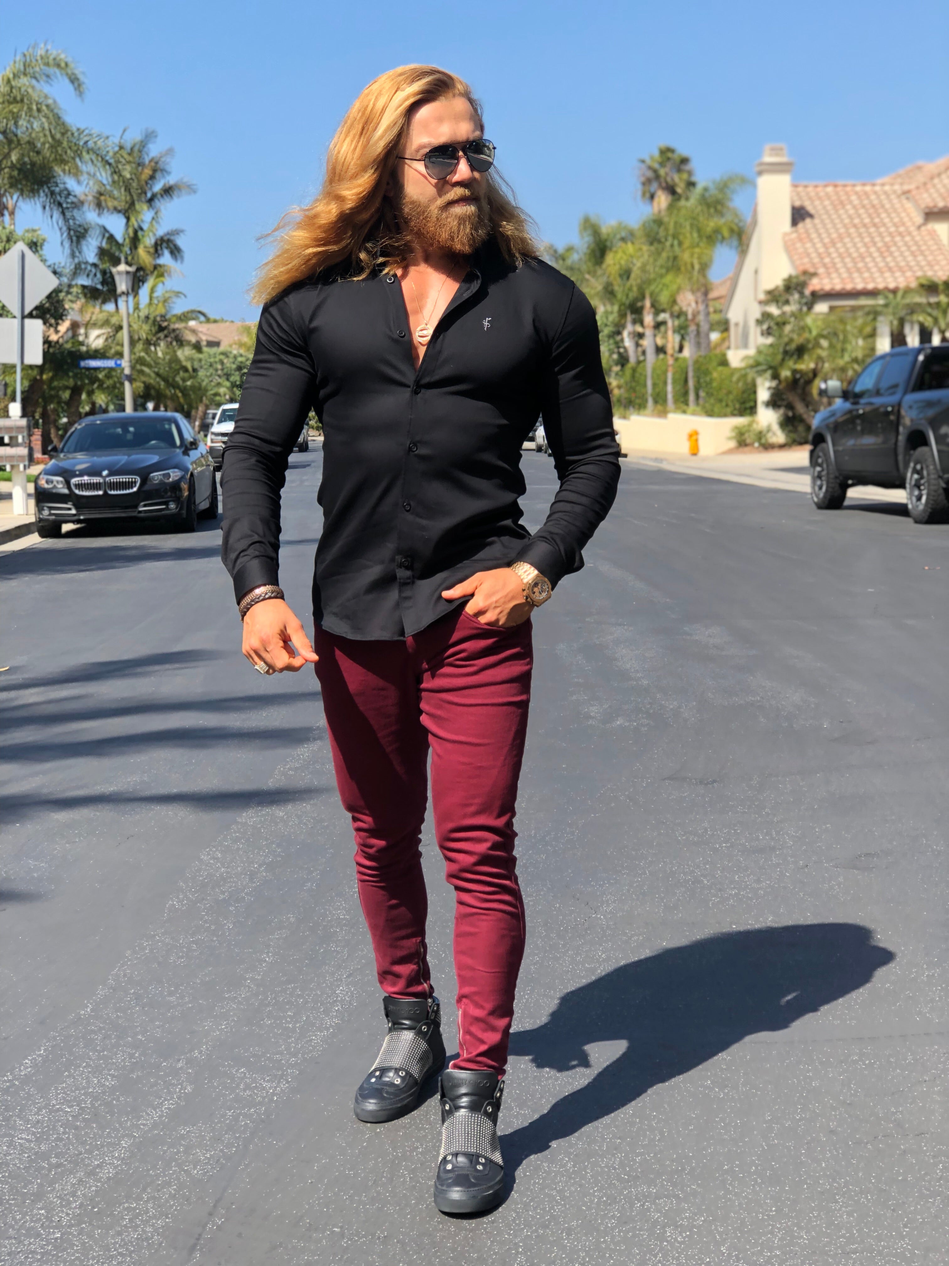 Super Slim Stretch Black Denim Long Sleeve (Silver Emblem) - FS295